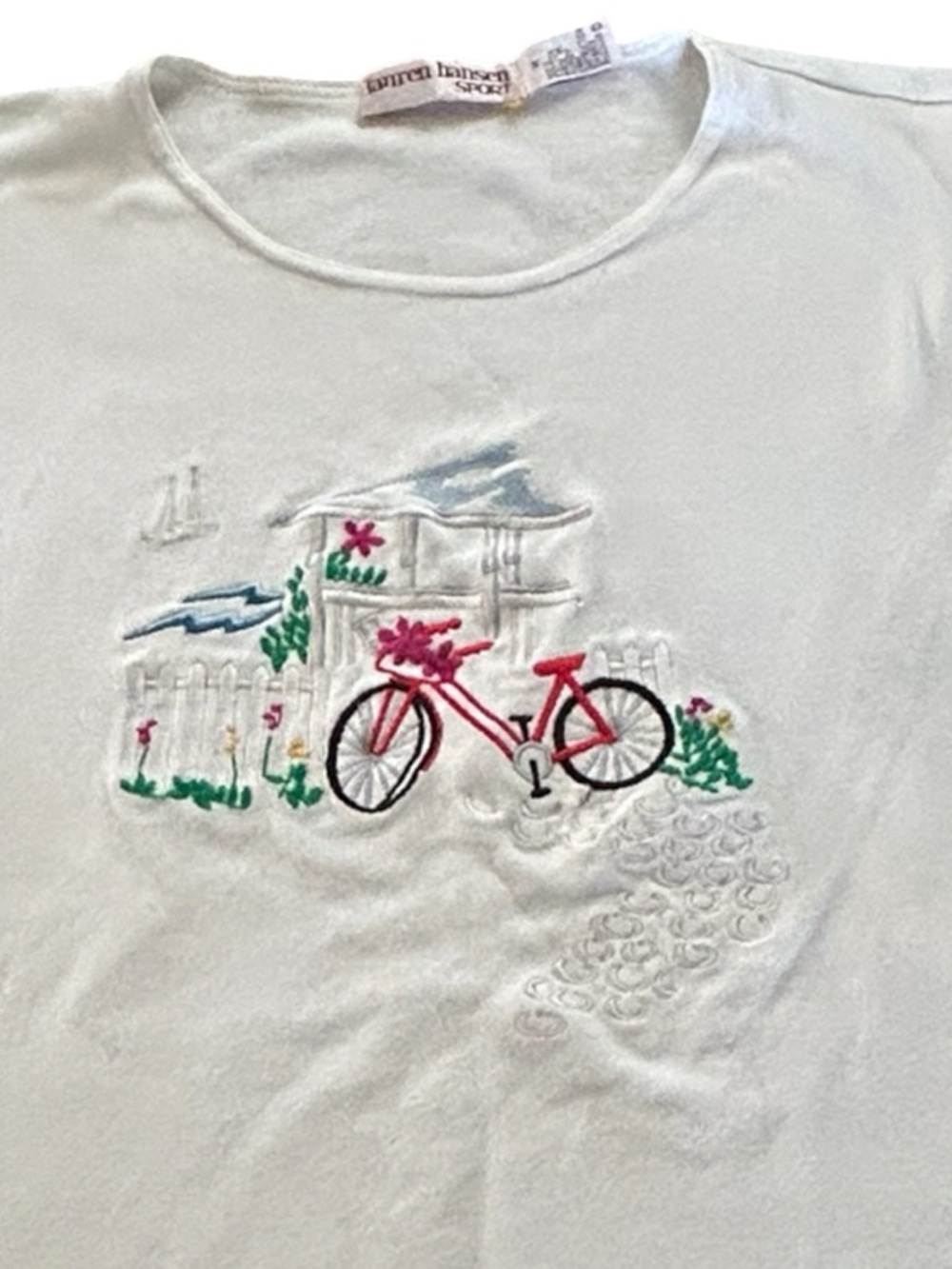 Coastal Lauren Hansen Embroidered Bicycle Graphic Tee Ivory EUC Rare SZ Medium - Picture 3 of 11